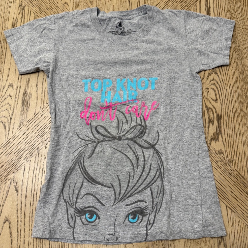 Disney Women's XS Gray Tinkerbell Top Knot‎ Hair Dont Care Graphic T Shirt